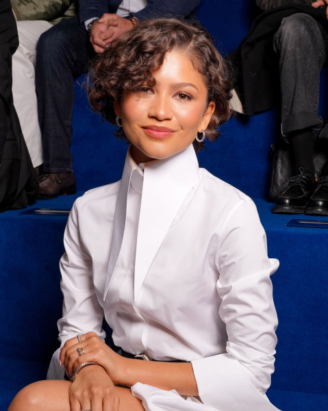 Zendaya poses in a white shirt with a long collar