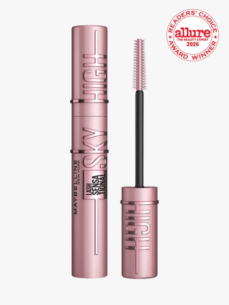 Pink tube of Maybelline Mascara on white background